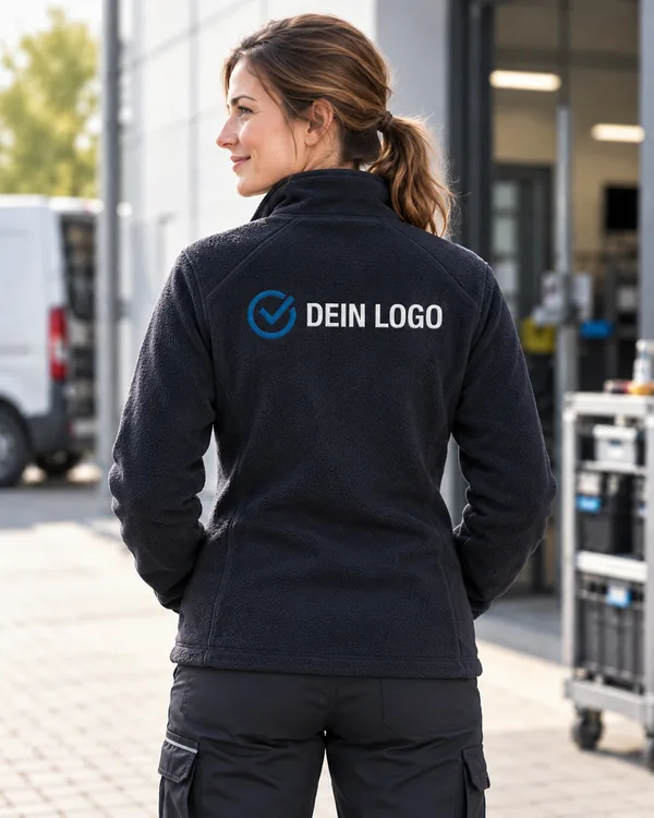 Dunkle Fleecejacke mit großem Logo auf dem Rücken