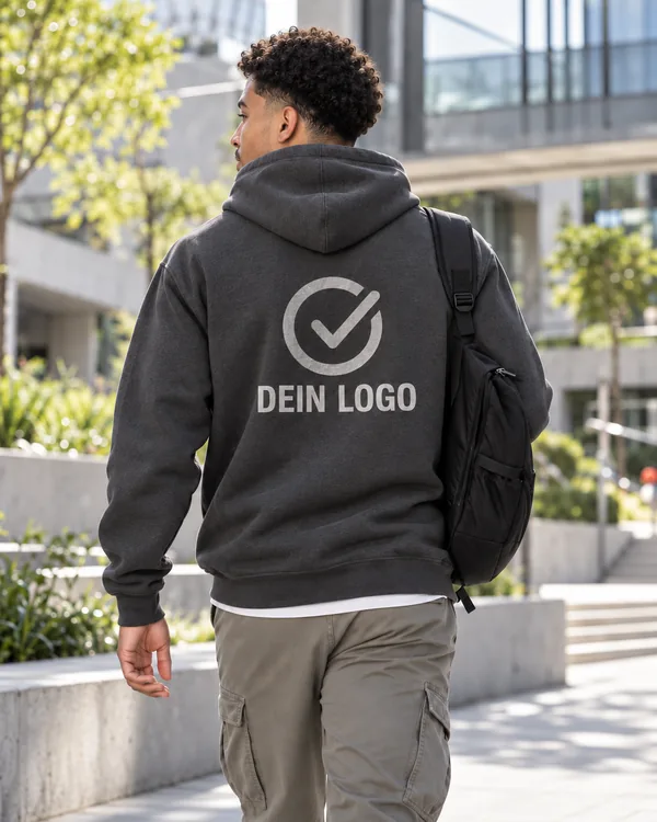 Grauer Hoodie mit großem Logo auf dem Rücken