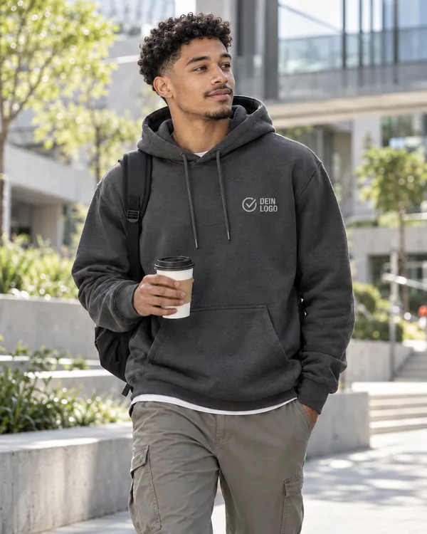 Grauer Hoodie mit kleinem Logo auf der Brust