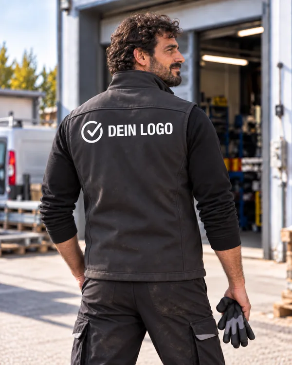 Dunkelblaue Softshell-Arbeitsweste mit großem Logo auf dem Rücken