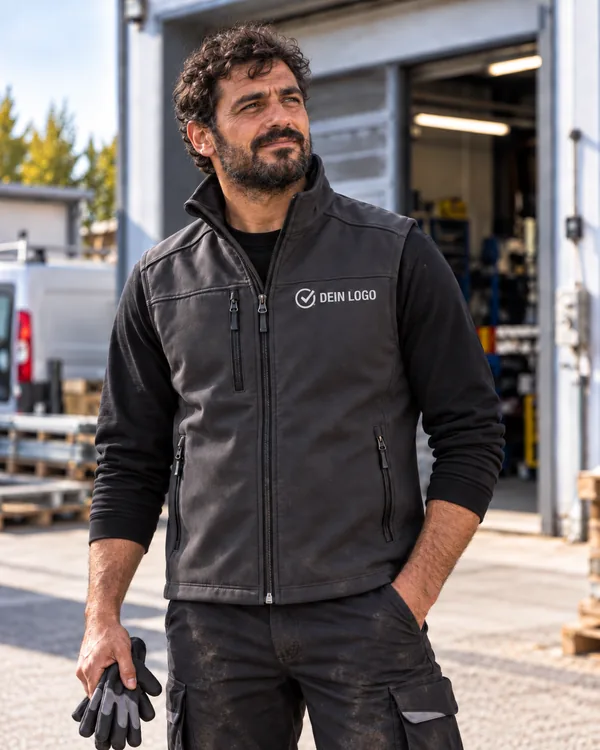 Dunkelblaue Softshell-Arbeitsweste mit kleinem Logo auf der Brust