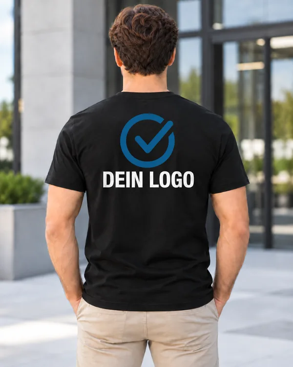Schwarzes T-Shirt mit großem Logo auf dem Rücken