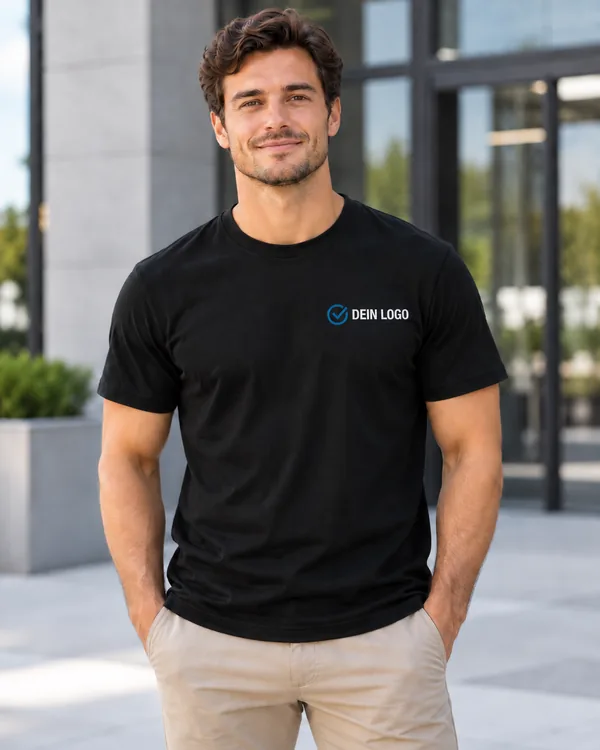 Schwarzes T-Shirt mit kleinem Logo auf der Brust