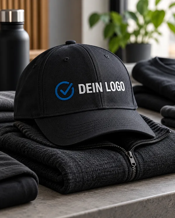 Nahaufnahme einer Cap mit Logo auf zusammengelegten Hoodies