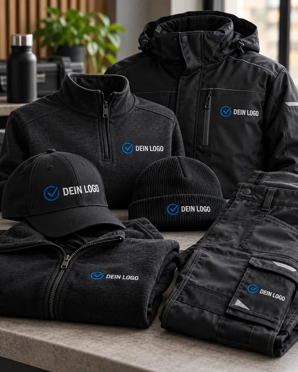 Cap, Beanie, Fleecejacke, Jacke und Hose mit Logo