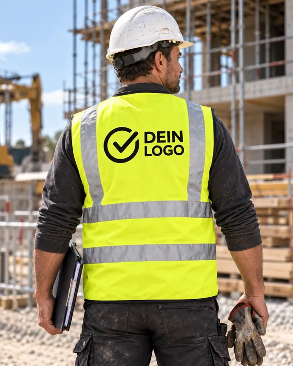 Gelbe Warnweste mit großem Logo auf dem Rücken