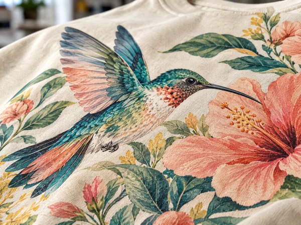 Detailaufnahme eines DTG-Drucks mit Kolibri- und Blütenmotiv auf hellem Stoff