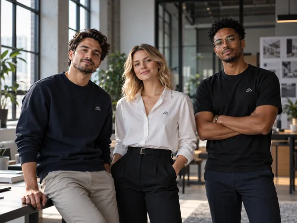 Drei Kolleginnen und Kollegen in schwarzer und weißer Business-Kleidung mit kleinem Logo, im Büro
