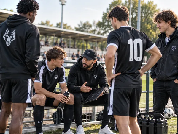 Fußballmannschaft in schwarzen Trikots mit Vereinslogo im Gespräch mit dem Trainer