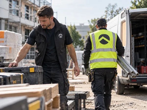 Zwei Handwerker in dunkler Arbeitskleidung und Warnweste mit Logo, auf einer Baustelle